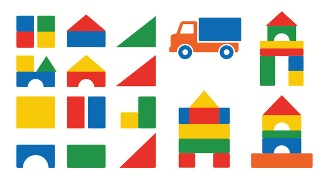 Colorful plastic toy building blocks and truck set on white background