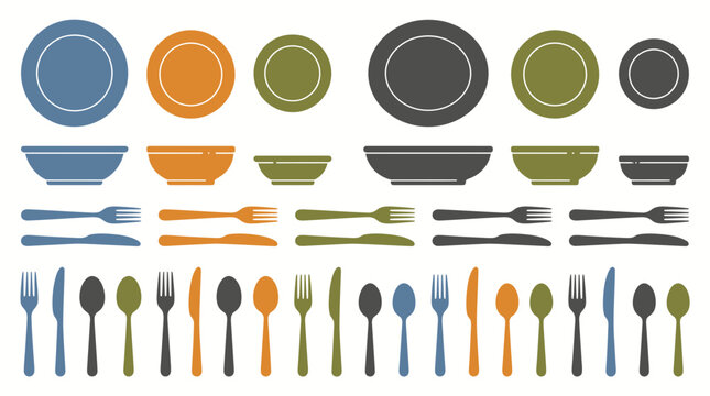 Colorful flatware and dinnerware collection set for kitchen dining