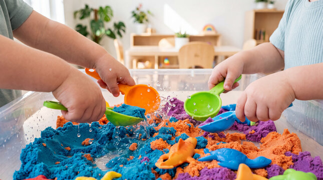 Two small children playing with colorful kinetic sand and water in a classroom setting with plastic toys and tools
