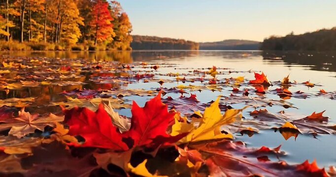 Colorful autumn maple leaves floating on a calm lake surface at sunset