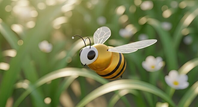 Close up of a cute 3D cartoon bee in grass.