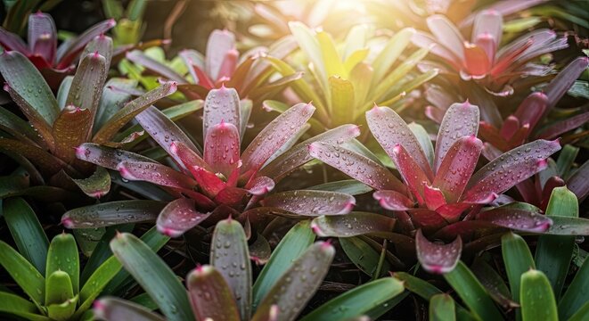 Close up of pink bromeliad plants with water droplets