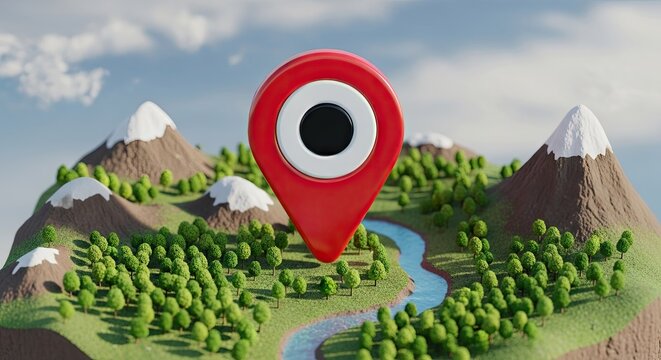 Red location pin icon on 3D isometric landscape map