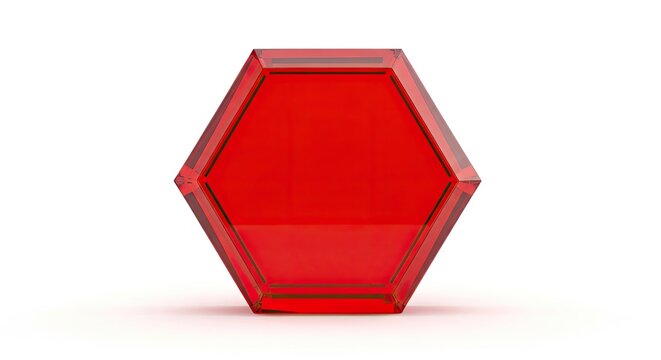 Translucent red glass hexagon on a white surface.