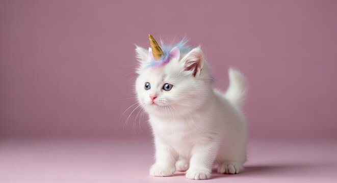 Adorable white kitten wearing a small unicorn horn.
