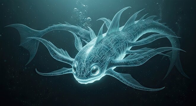 Bioluminescent fantasy fish creature swimming in deep dark water.