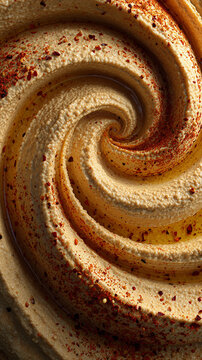 Hummus Dip Surface with Recursive Fractal Spiral and Spices Overhead View