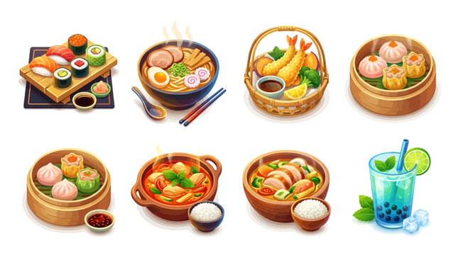 Variety of Asian food and drink.