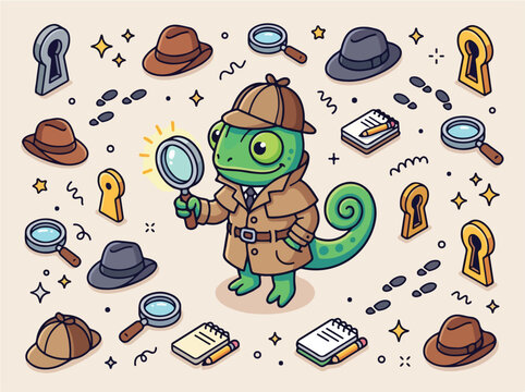 Cartoon lizard detective character.