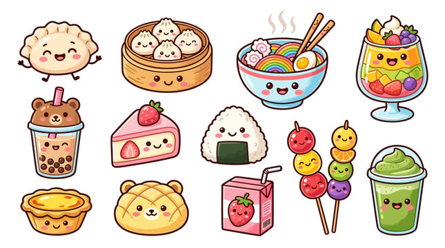 Cartoon food and drink items smiling.