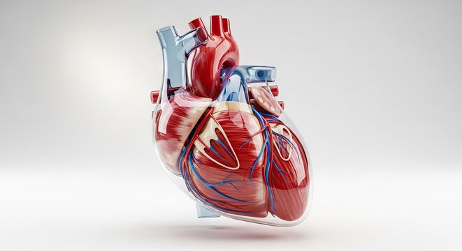 Realistic 3D anatomical human heart model on white background.