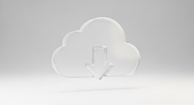Transparent glass cloud icon with download arrow symbol.