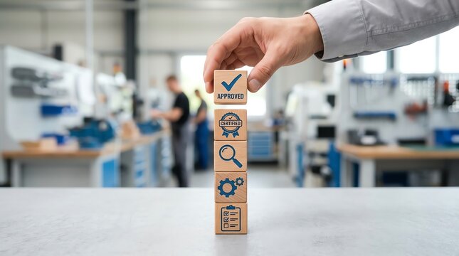 Quality control process represented by wooden blocks with icons and a hand placing the final one