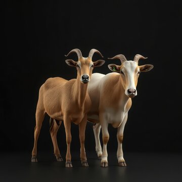 Two goats standing side by side looking at the camera with their distinctive horns and markings on their coats