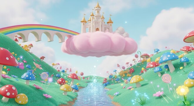 Magical fantasy castle on pink cloud with rainbow.