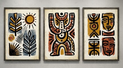Obraz premium Framed art set of three modern primitive illustrations tribal masks, abstract nature, ancestral figure. Adds cultural depth for contemporary home decor