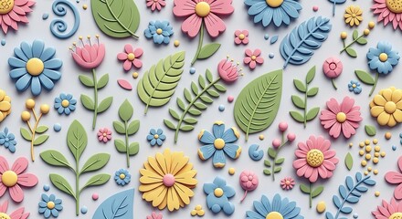Naklejka premium Colorful 3D clay floral pattern with leaves and flowers