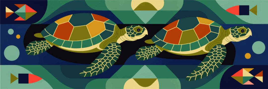 Colorful geometric sea turtles swimming in abstract ocean, modern marine wildlife illustration for kids decor and ocean conservation design