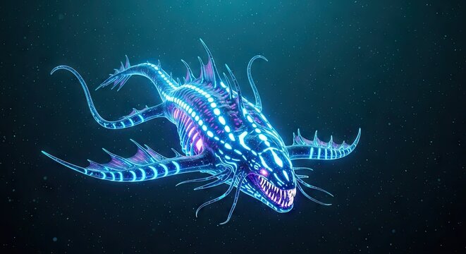 Bioluminescent robotic cyber fish swimming in dark deep sea water.