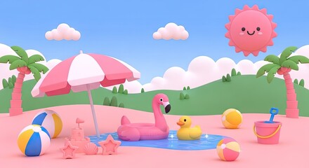 Fototapeta premium 3D summer beach landscape with flamingo floatie and sun.