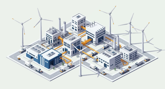 Isometric illustration of a modern sustainable industrial complex with wind turbines.