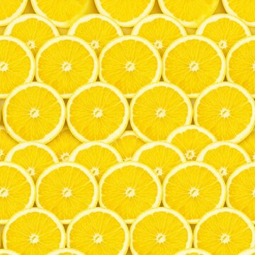 Vibrant yellow citrus slices are arranged in a seamless repeating pattern on a clean background, creating a fresh and summery aesthetic, vegetarian, nature, healthy