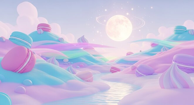 Whimsical fantasy candy landscape with pink macarons and moon.