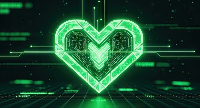 Green glowing digital heart shaped circuit board background