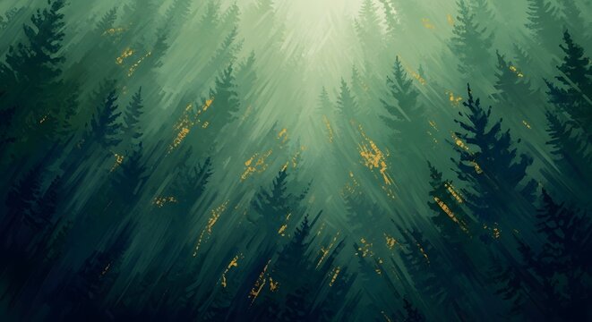 Abstract Painterly Forest Canopy with Golden Light Rays Breaking Through Misty Greens