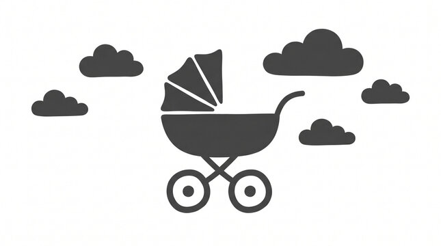 Baby stroller, pram, or bassinet icon, gray silhouette, clouds, childcare, parenting