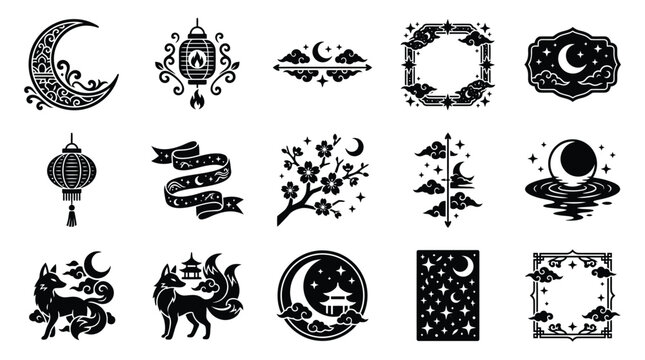 Collection of Japanese inspired celestial and cultural icons including moons, lanterns, and foxes.