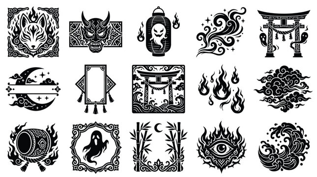 Collection of Japanese cultural symbols and folklore elements in black and white graphic style.