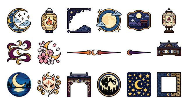 Collection of Japanese-inspired graphic elements featuring moons, lanterns, and traditional motifs.