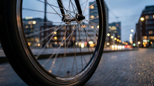 Close-up of a bicycle wheel in a city at dusk, with blurred lights and buildings in the background. The wet asphalt suggests recent rain
