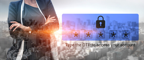 A businesswoman stands against a city skyline, entering an OTP on her smartphone. The scene highlights technology and security in modern finance management. Gantry © InfiniteFlow