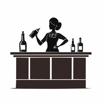 Female Bartender Mixing Cocktail Behind Bar Counter Silhouette Vector
