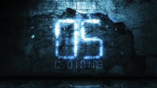 abstract countdown on grunge wall with particles debris falling motion graphic background