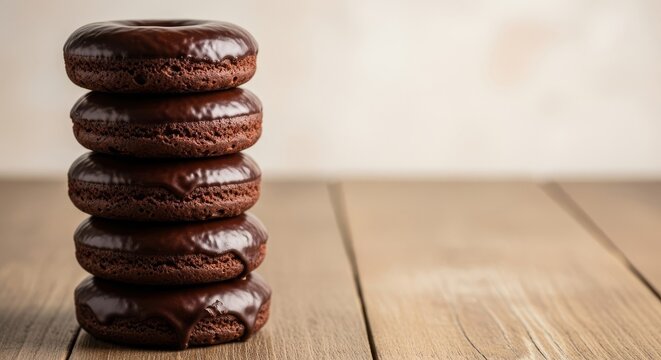 A stack of freshly baked chocolate donuts covered in a rich, shiny dark cocoa glaze, resting on a rustic wooden table in soft light, breakfast, glaze, texture