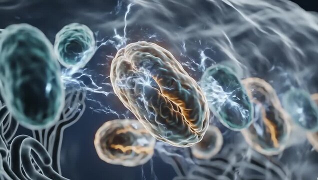 Mitochondria generating glowing cellular energy inside a transparent human cell, subtle electric pulses flowing through organic structures