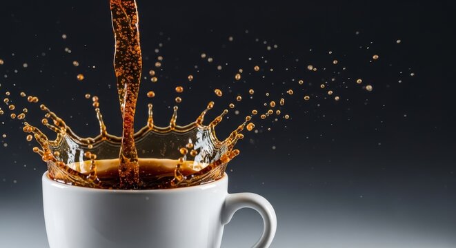 A stream of rich dark coffee pours into a white ceramic mug, creating a dramatic dynamic splash with tiny droplets frozen in mid-air, steam, liquid, flow