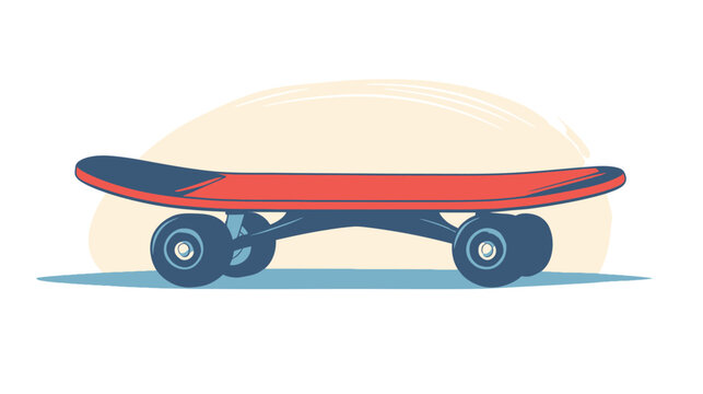 A side view of a skateboard with red deck, blue wheels, and a subtle light yellow background