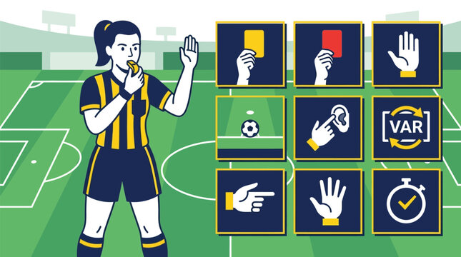 Flat vector illustration of a female soccer referee blowing a whistle on a green pitch with icons for yellow and red cards, VAR, hand signals, and match time.