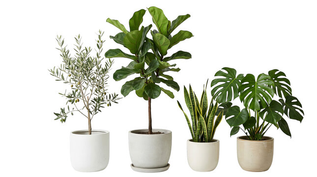 Collection of four potted houseplants including an olive tree, fiddle leaf fig, snake plant, and.