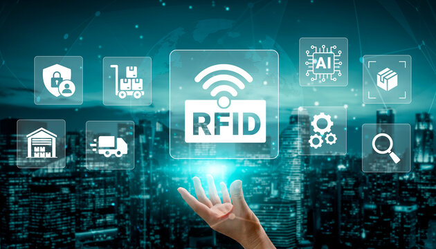 A hand reaches out towards holographic RFID technology icons in an urban landscape, symbolizing innovation in logistics, supply chain, and digital connectivity. Ledger