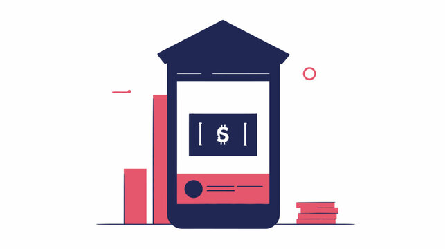 Financial technology illustration with app, chart, and coins, set against a white backdrop
