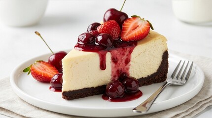 An appetizing slice of cheesecake with a dark chocolate crust, topped with fresh cherries, strawberries, and dripping syrup, served on a white plate with a fork.