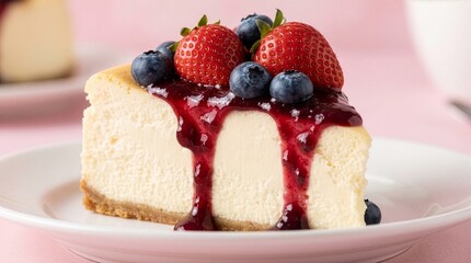 A delicious slice of classic cheesecake topped with fresh strawberries, blueberries, and dripping fruit syrup, presented on a white plate against a soft pastel pink background.
