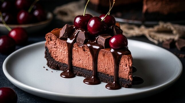 A decadent slice of dark chocolate cheesecake topped with fresh cherries and dripping chocolate ganache, served on a light plate against a dark moody background.