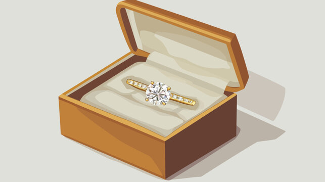 A cartoon illustration of a golden ring with a large diamond in an open jewelry box