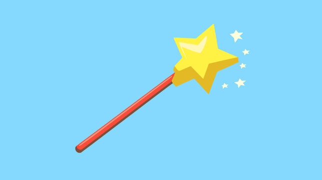 A cartoon depiction of a magic wand with a large star and smaller stars against a blue backdrop
